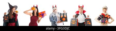 Halloween celebration and family party, diverse group of people in costumes holding gift boxes and trick or treat bags isolated on a white background Stock Photo