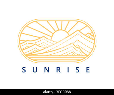 Sunrise luxury icon with outdoor landscape with mountains, lake and radiant sun beams, boho line art rounded badge for travel, outdoor adventure, well Stock Vector