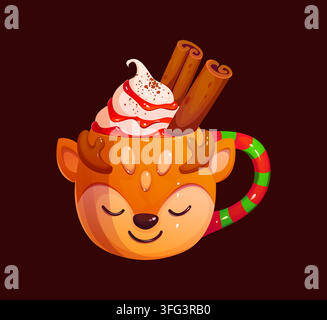 Christmas eggnog cup with deer muzzle face, chocolate and cocoa dessert drink cartoon mug. Christmas winter holiday hot sweet drink cup with cinnamon Stock Vector