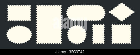 White postage stamp frames collection. Different wavy scallop post borders set for mail, postcard, letter. Jagged edge forms for poster, banner, badge, sticker, emblem, postmark, card. Vector bundle Stock Vector