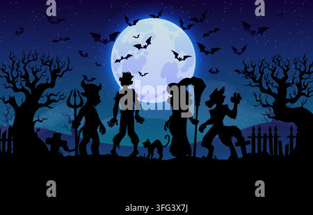 Halloween graveyard with scary monsters silhouettes. Night scene featuring dark zombie, witch, werewolf, devil, and black cat in graveyard. Scary vect Stock Vector