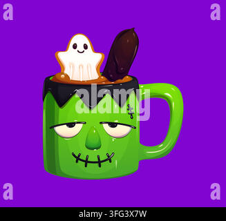 Halloween coffee cup or dessert drink mug with zombie face and ghost for holiday cartoon icon. Halloween cup with Frankenstein monster mug of hot choc Stock Vector