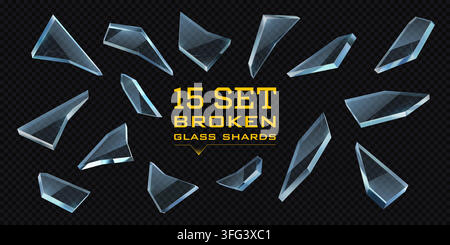 3D realistic broken window glass shard fragments, crystal pieces and mirror splits. Vector isolated ice shatter effect with flying cracks, explosion d Stock Vector