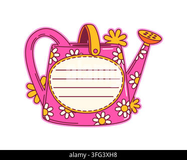 Kids memo note frame with watering can toy. Child schedule vector sticker, planner to do list memo note. Kids diary frame or label with pink watering Stock Vector