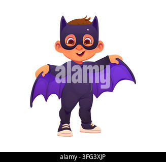 Cartoon kid in Halloween bat party costume, scary party children personage. Cute smiling boy with pointed mask and spread purple wings. Isolated vecto Stock Vector