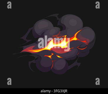 Cartoon fiery blast with bright flame streak and dark smoke cloud. Explosive arcade game effect with burning energy trail, comic action element for ba Stock Vector