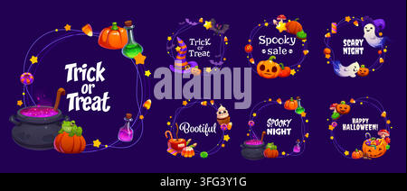 Happy Halloween holiday frames with cartoon pumpkins, potion cauldron, ghosts and spooky sweets. Festive photo borders set with witch hat and bats for Stock Vector