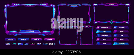 Game overlay stream window frames, buttons and neon panels, live video technology screen interface. Gamer of streamer vector UI elements, digital over Stock Vector