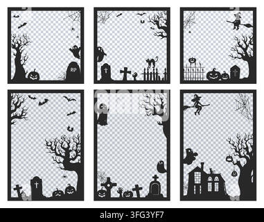 Halloween photo frames decorated with vector haunted house, pumpkins, gravestones, witches on brooms and cobweb, ghosts and spooky trees black silhoue Stock Vector