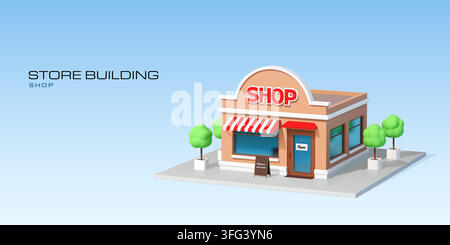 3d street shop or store building isometric icon, market facade, vector retail business. Realistic 3d street with grocery store, shop or supermarket bu Stock Vector