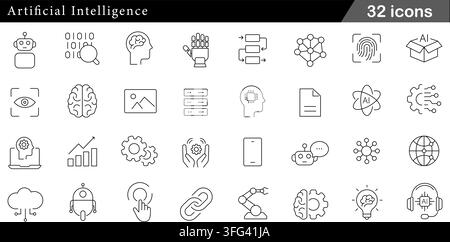 Artificial intelligence line icon set featuring 32 outline symbols including robot, brain network, machine learning, neural system, and AI icons. Stock Vector