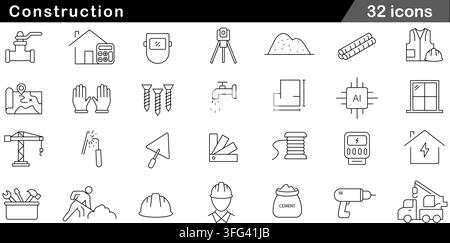 Construction line icon set featuring 32 outline symbols including hard hat, crane, builder, building tools, and architectural plan icons. Stock Vector
