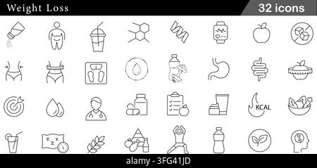 Weight loss line icon set featuring 32 outline symbols including waist measurement, bathroom scale, healthy food, fitness water, and calorie icons. Stock Vector