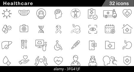 Healthcare line icon set featuring 32 outline symbols including medical mask, MRI scanner, pills, ambulance vehicle, and doctor consultation icons Stock Vector