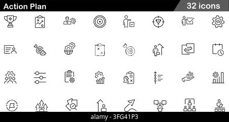 Action plan line icon set featuring 32 outline symbols including business strategy, goal target, workflow planning, and task execution icons. Stock Vector
