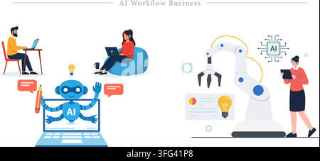 AI workflow business vector illustration featuring remote workers, AI bot assistant on laptop, robotic arm automation, and tech integration. Stock Vector