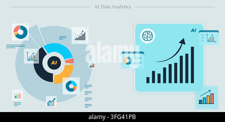 AI data analytics vector illustration featuring donut chart, rising bar graph, brain machine learning, dashboard reporting, and growth metrics. Stock Vector