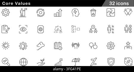 Core values line icon set featuring 32 outline symbols including business ethics, teamwork, integrity, leadership, and sustainability icons. Stock Vector