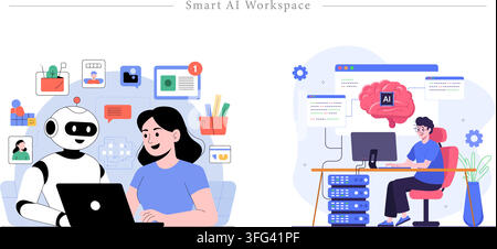 Smart AI workspace vector illustration featuring human collaborating with robot assistant, neural network brain, server data, and workplace tech. Stock Vector