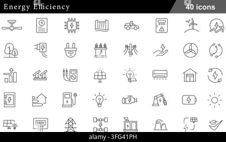 Energy efficiency line icon set featuring 40 outline symbols including green power, solar panels, electric plug, wind turbine, and smart grid icons. Stock Vector
