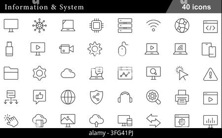 Information and system line icon set featuring 40 outline symbols including desktop screen, network node, database server, and tech device icons. Stock Vector