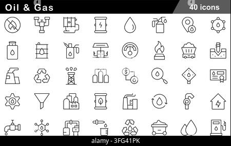 Oil and gas line icon set featuring 40 outline symbols including petroleum barrel, fuel pipeline, oil rig, gas station, and refinery plant icons. Stock Vector