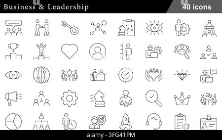 Business and leadership line icon set featuring 40 outline symbols including strategic management, team leadership, success, and executive icons. Stock Vector