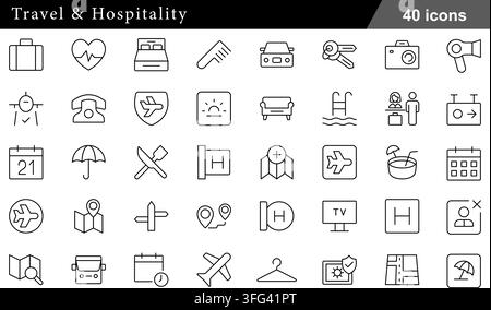 Travel and hospitality line icon set featuring 40 outline symbols including hotel bed, flight destination, luggage, camera, and vacation icons. Stock Vector