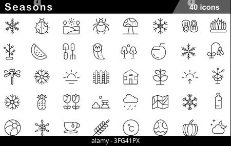 Seasons line icon set featuring 40 outline symbols including weather changes, seasonal weather, snowflakes, summer fruits, and nature icons. Stock Vector