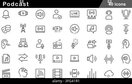 Podcast line icon set featuring 40 outline symbols including studio microphone, audio streaming, headphones, radio tower, and voice recording icons. Stock Vector