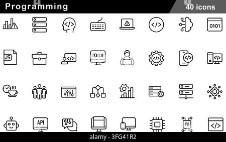 Programming line icon set featuring 40 outline symbols including code tags, database server, developer avatar, API, and software development icons. Stock Vector