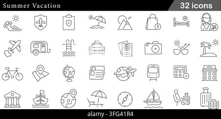 Summer vacation line icon set featuring 32 outline symbols including beach lounge, travel flight, hotel booking, and holiday trip icons. Stock Vector