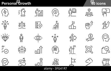 Personal growth line icon set featuring 40 outline symbols including self improvement, career goal, skill development, and motivation icons. Stock Vector