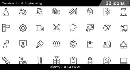 Construction and engineering line icon set featuring 32 outline symbols including site worker, drafting compass, crane arm, and safety gear. Stock Vector