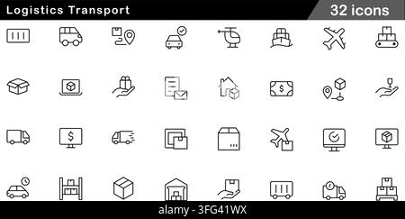 Logistics transport line icon set featuring 32 outline symbols including cargo truck, shipping box, warehouse, freight plane, and delivery route. Stock Vector
