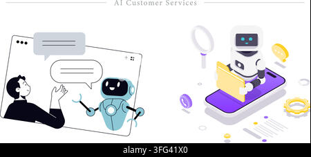 AI customer services illustration set featuring chatbot support assistant, customer conversation screen, smartphone robot, and data folder search. Stock Vector