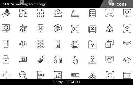 AI and networking technology line icon set featuring 40 outline symbols including machine learning, 3d cube, cloud router, and microchip processor. Stock Vector