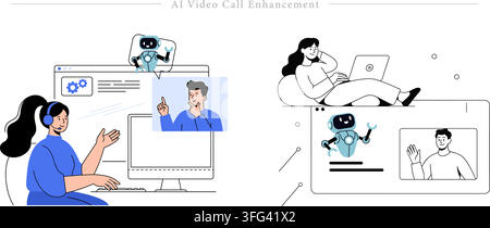AI video call enhancement illustration set featuring customer support agent, bot assistant popups, video conference screens, and online meeting. Stock Vector