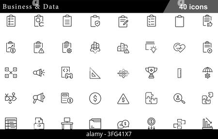 Business and data line icon set featuring 40 outline symbols including clipboard report, financial analysis, marketing, and data structure icons. Stock Vector