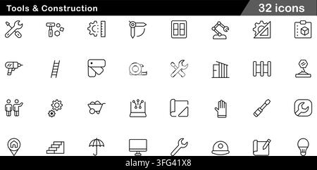 Tools and construction line icon set featuring 32 outline symbols including wrench, screwdriver, power drill, safety helmet, and blueprint. Stock Vector