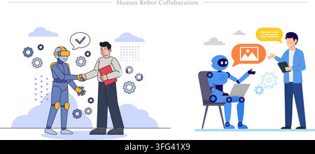 Human robot collaboration illustration set featuring cyborg handshake, business deal, AI assistant, laptop chat, and image generation concept. Stock Vector
