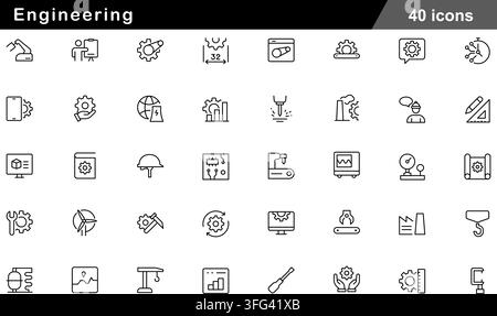 Engineering line icon set featuring 40 outline symbols including robotic arm, gear mechanism, blueprint, industrial factory, and machinery tools. Stock Vector