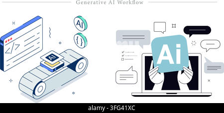Generative AI workflow illustration set featuring automated conveyor chip processing, code window, chat prompts, and laptop with artificial intelligen Stock Vector