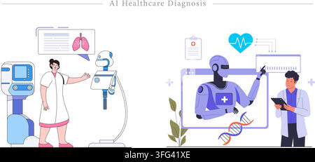 AI healthcare diagnosis illustration set featuring medical robot assistant, female doctor analyzing lungs scan, dna strand, and digital health. Stock Vector