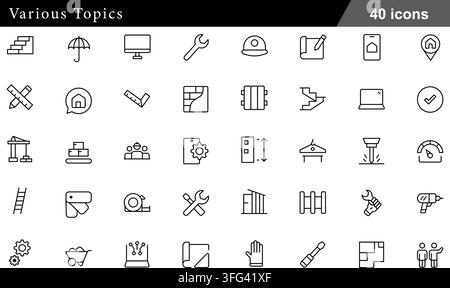 Construction and architecture line icon set featuring 40 outline symbols including brick wall, blueprint, hard hat, tools, and house planning. Stock Vector