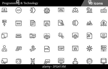 Programming and technology line icon set featuring 40 outline symbols including html code, software development, cloud api, and ai processor. Stock Vector