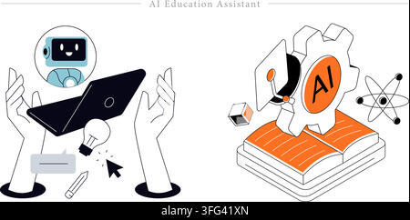 AI education assistant illustration set featuring artificial intelligence bot, online learning, laptop, graduation cap, and smart gear technology. Stock Vector