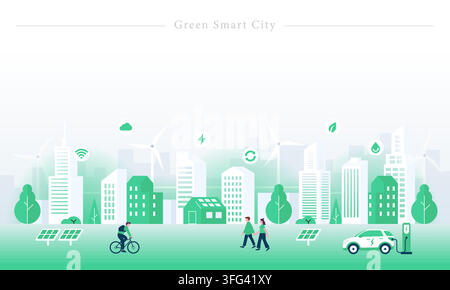 Green smart city vector illustration featuring sustainable urban skyline with solar panels, wind turbines, electric car, and eco lifestyle. Stock Vector