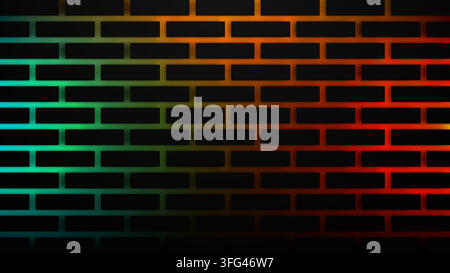 Dark matte black brick wall background features vibrant cyan orange and red neon light glowing brightly through the gaps during night creating a moder Stock Vector