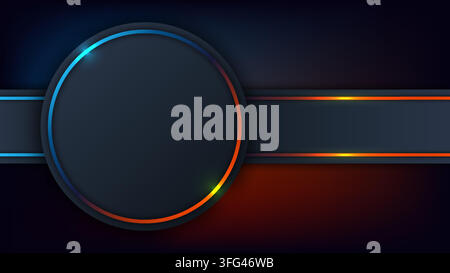 Futuristic Dark Vector Background with Glowing Neon Cyan and Orange Circular Frame and Geometric Layered Banner Layout for Modern Tech Presentation Stock Vector